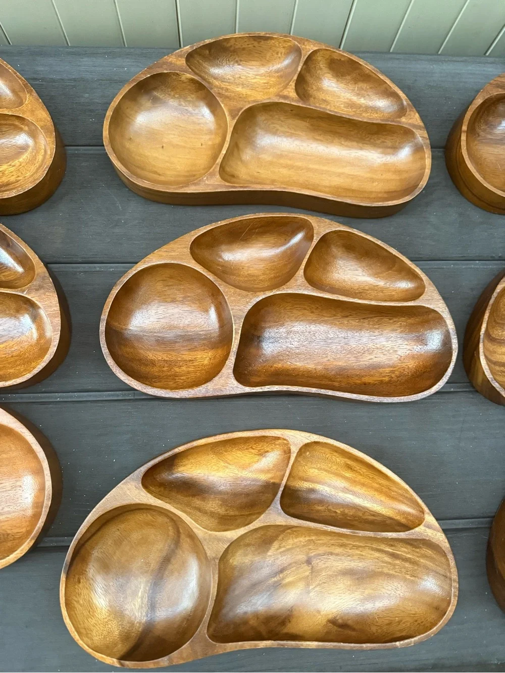 Lot of 10 Vintage Monkey Pod Wood Divided Serving Trays